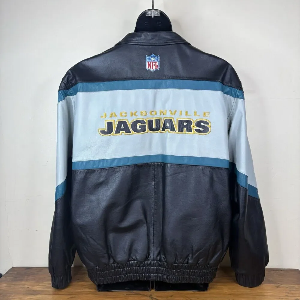 Vtg. 90s Reebok NFL Jacksonville Jaguars Large Leather Bomber Jacket Zip Boxy